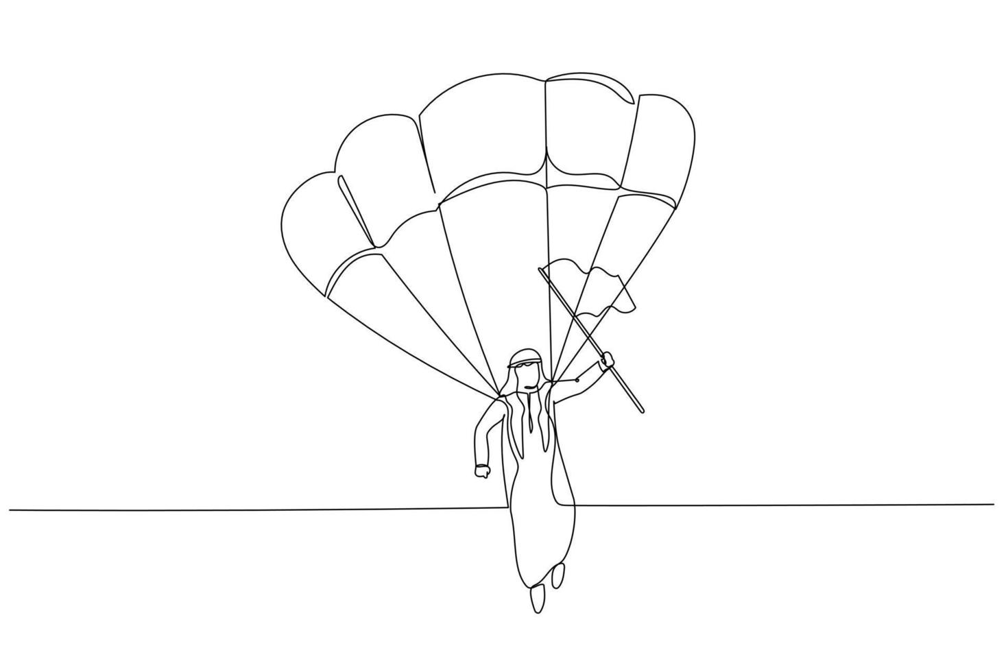 cartone animato di arabo uomo su un' paracadute con un' bandiera terre su bersaglio concetto di soluzione. uno linea stile arte vettore