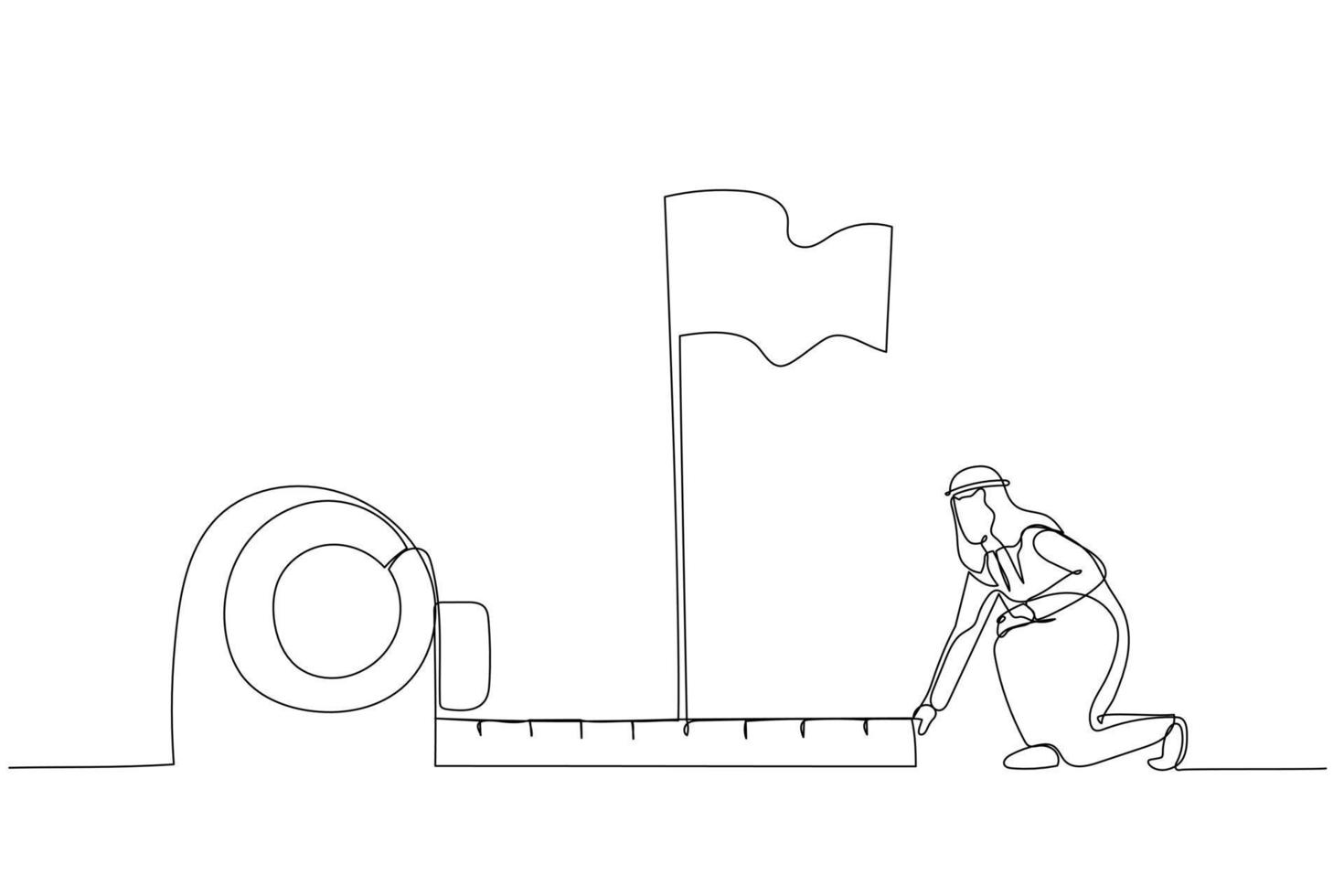cartone animato di arabo uomo utilizzando misurazione nastro per analizzare distanza a partire dal bersaglio bandiera. uno linea stile arte vettore