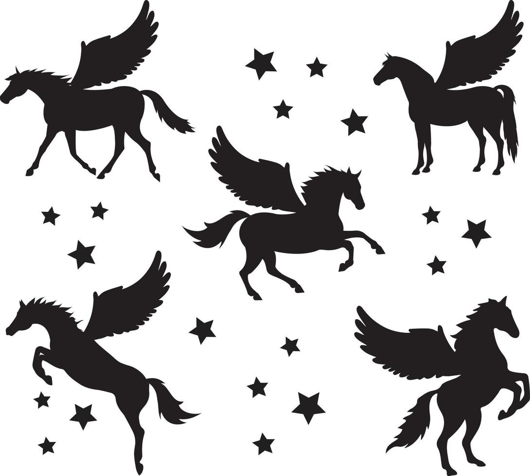 vettore impostato di piatto Pegasus unicorno silhouette