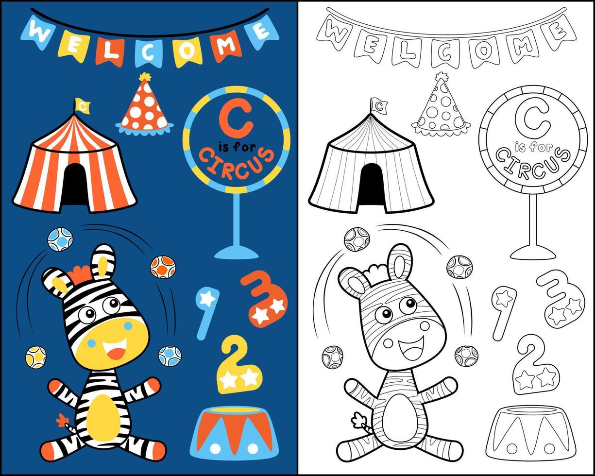 vettore illustrazione di divertente zebra cartone animato fare giocoleria palle a circo mostrare, circo elementi cartone animato, colorazione libro o pagina