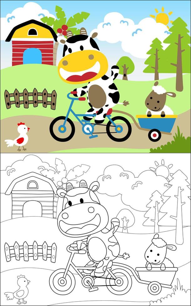 colorazione libro vettore di divertente mucca equitazione bicicletta traino pecora su carriola. aia animali su azienda agricola campo sfondo