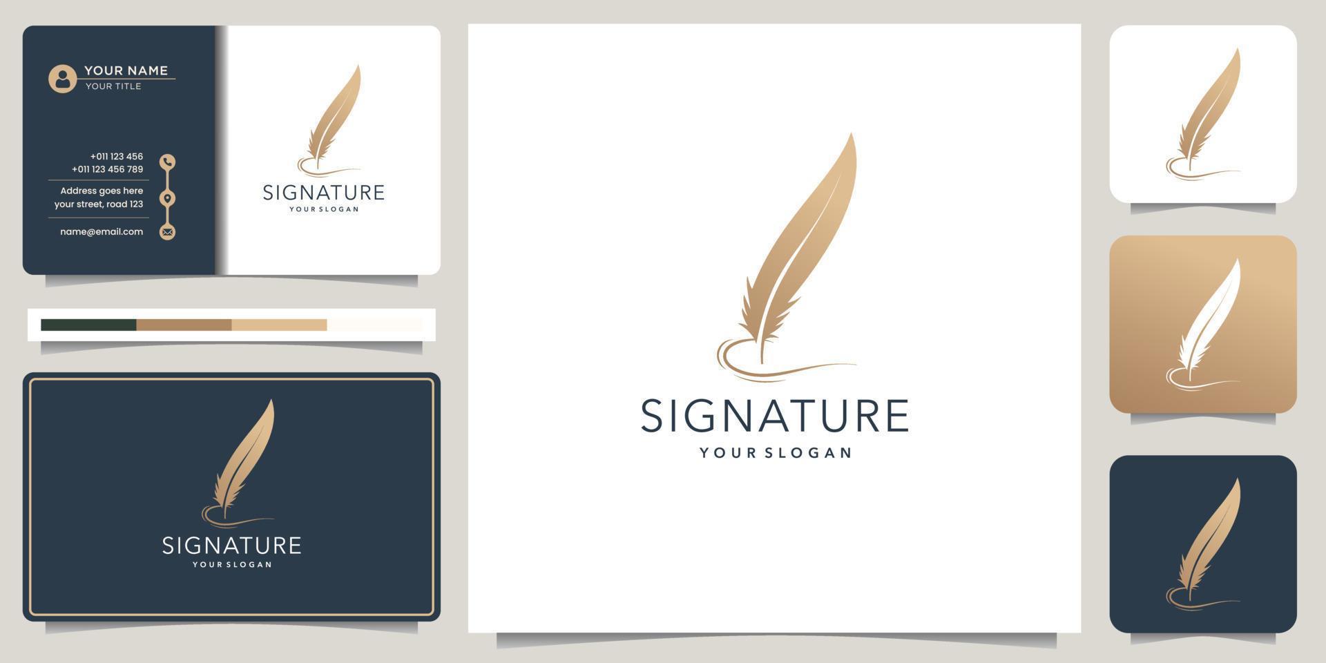 minimalista penna d'oca penna firma logo design e attività commerciale carta con inchiostro lineare e premio oro colore vettore