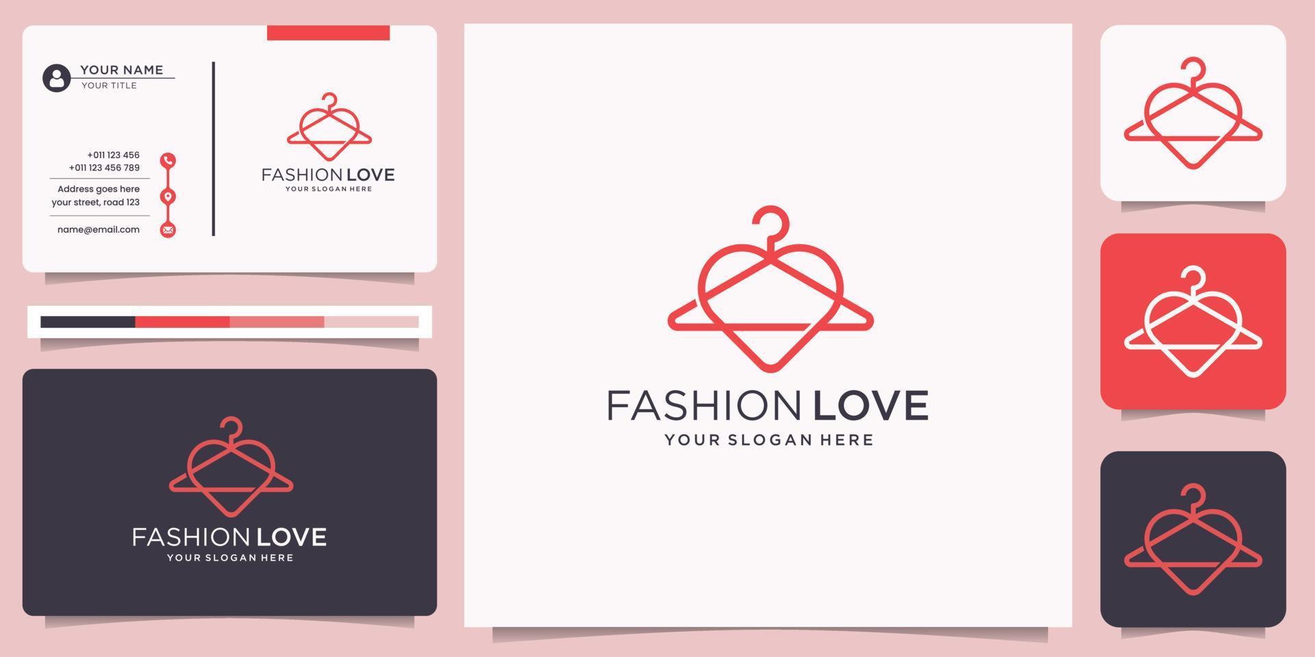 minimalismo moda appendiabiti linea stile logo con amore cuore design concetto. moda amore logo design. vettore