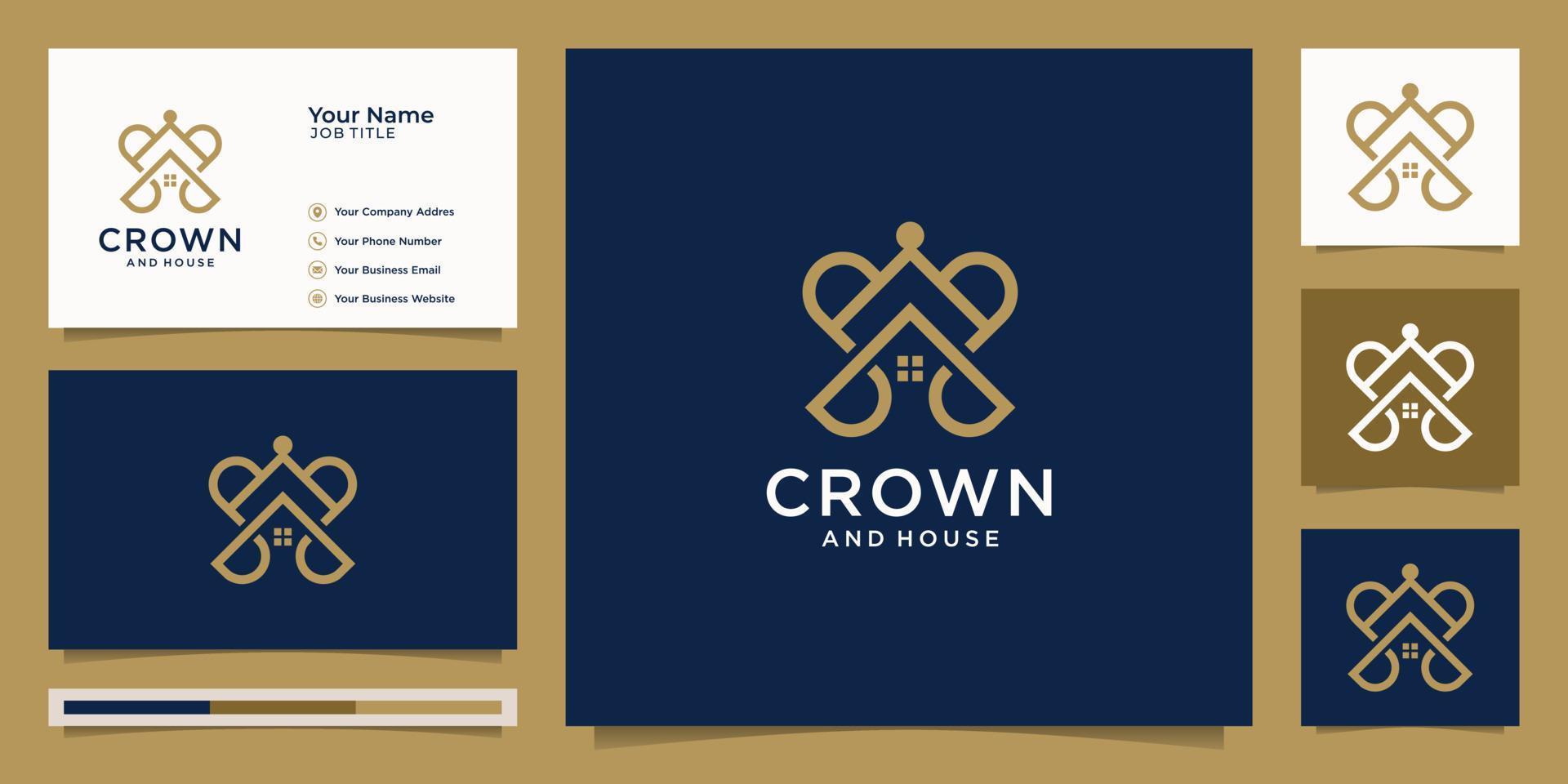 elegante semplice logo corona e Casa disegno, simbolo per regno, casa, lusso, oro, logo design modello e attività commerciale carta premio vettore