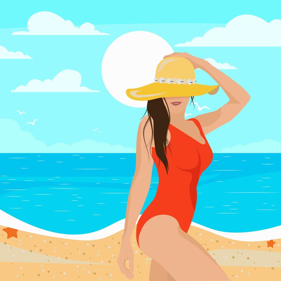 ragazza su il spiaggia prendere il sole, vettore illustrazione