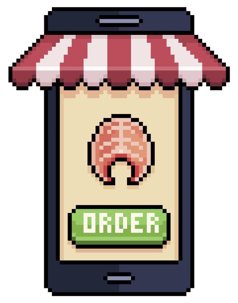 pixel arte mobile Telefono ordinazione salmone filetto nel cibo App vettore icona per 8 bit gioco su bianca sfondo