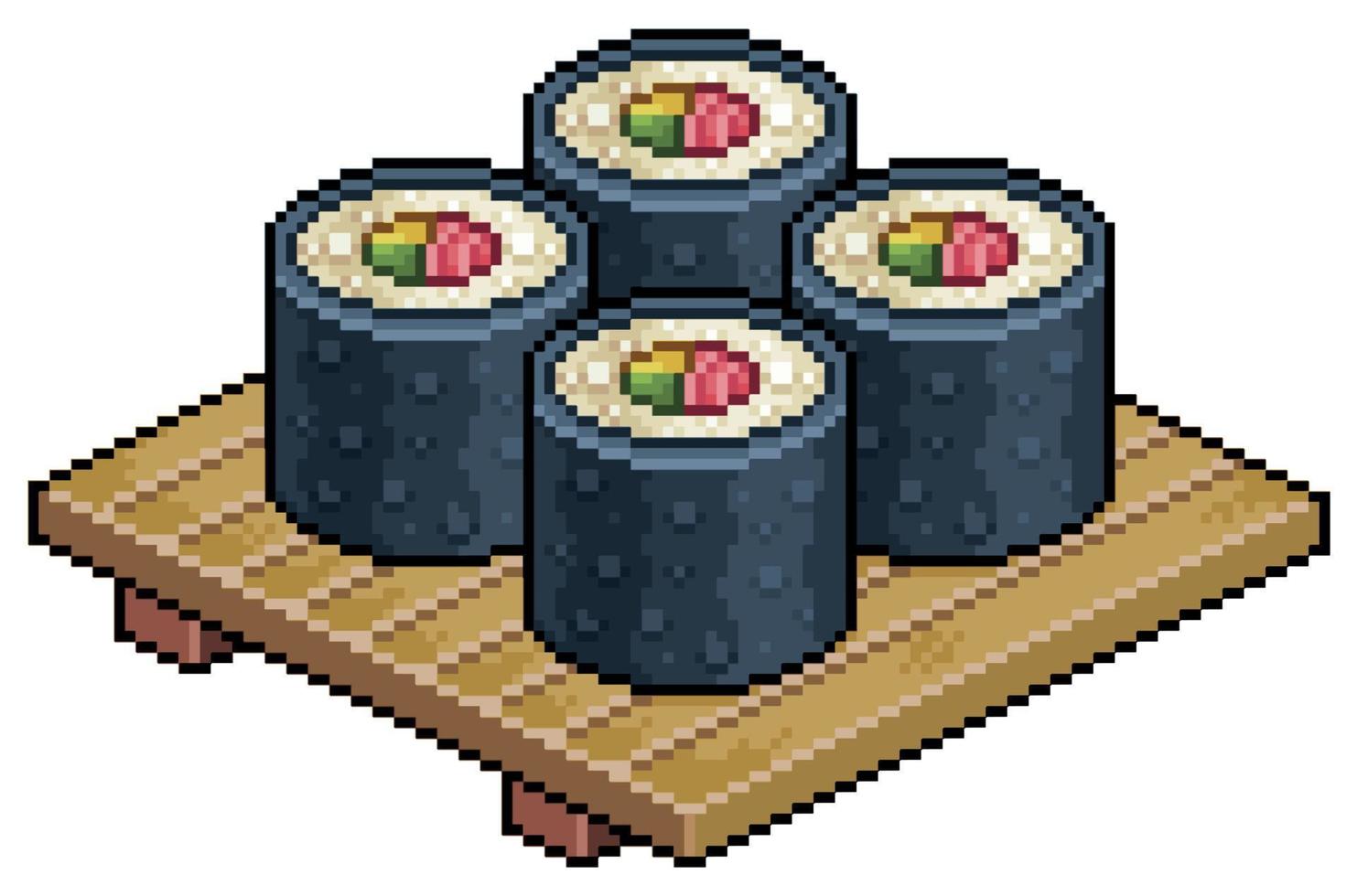 pixel arte Futomaki, tekka maki su di legno tavola per Sushi vettore icona per 8 bit gioco su bianca sfondo