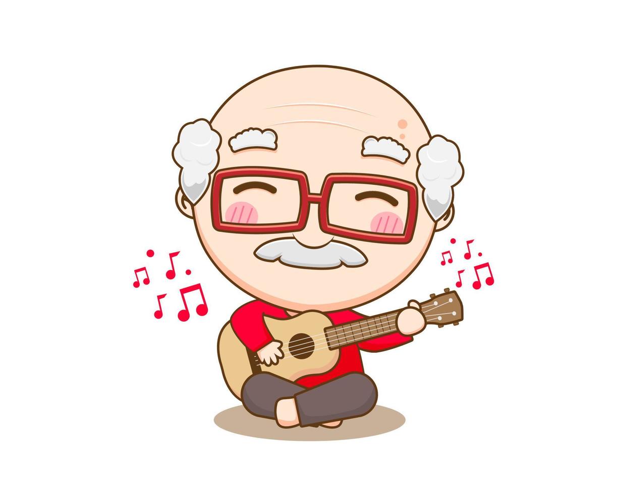 carino vecchio uomo giocando chitarra. Nonno cartone animato carattere. chibi vettore arte illustrazione