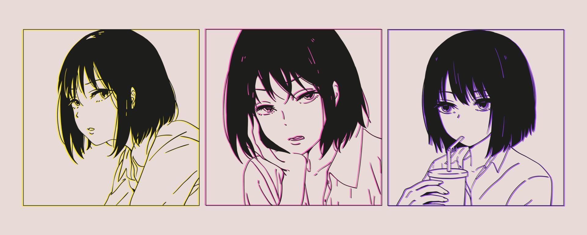 tre coppie di asiatico ragazze. neon effetto. manga stile. giapponese cartone animato comico concetto. anime personaggi. mano disegnato di moda vettore illustrazione. prefabbricato stampe. ogni illustrazione è isolato