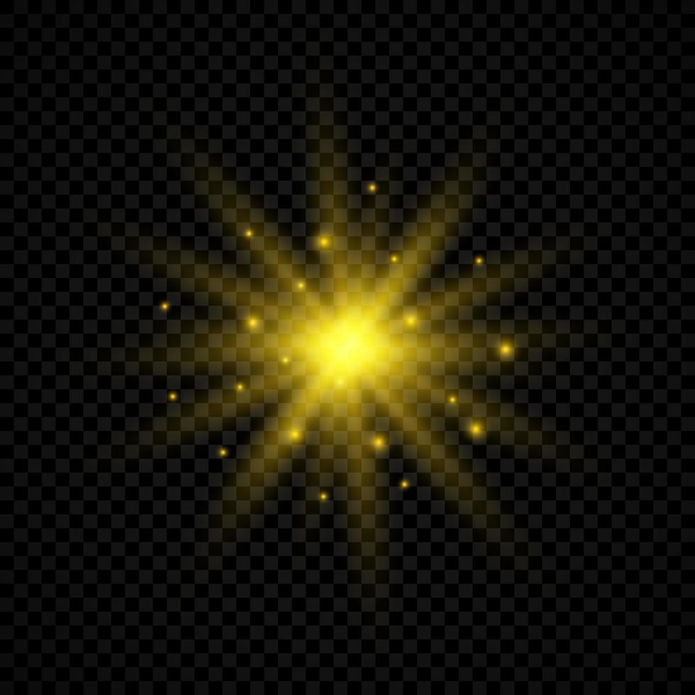 leggero effetto di lente razzi. giallo raggiante luci starburst effetti con scintille su un' trasparente sfondo. vettore illustrazione