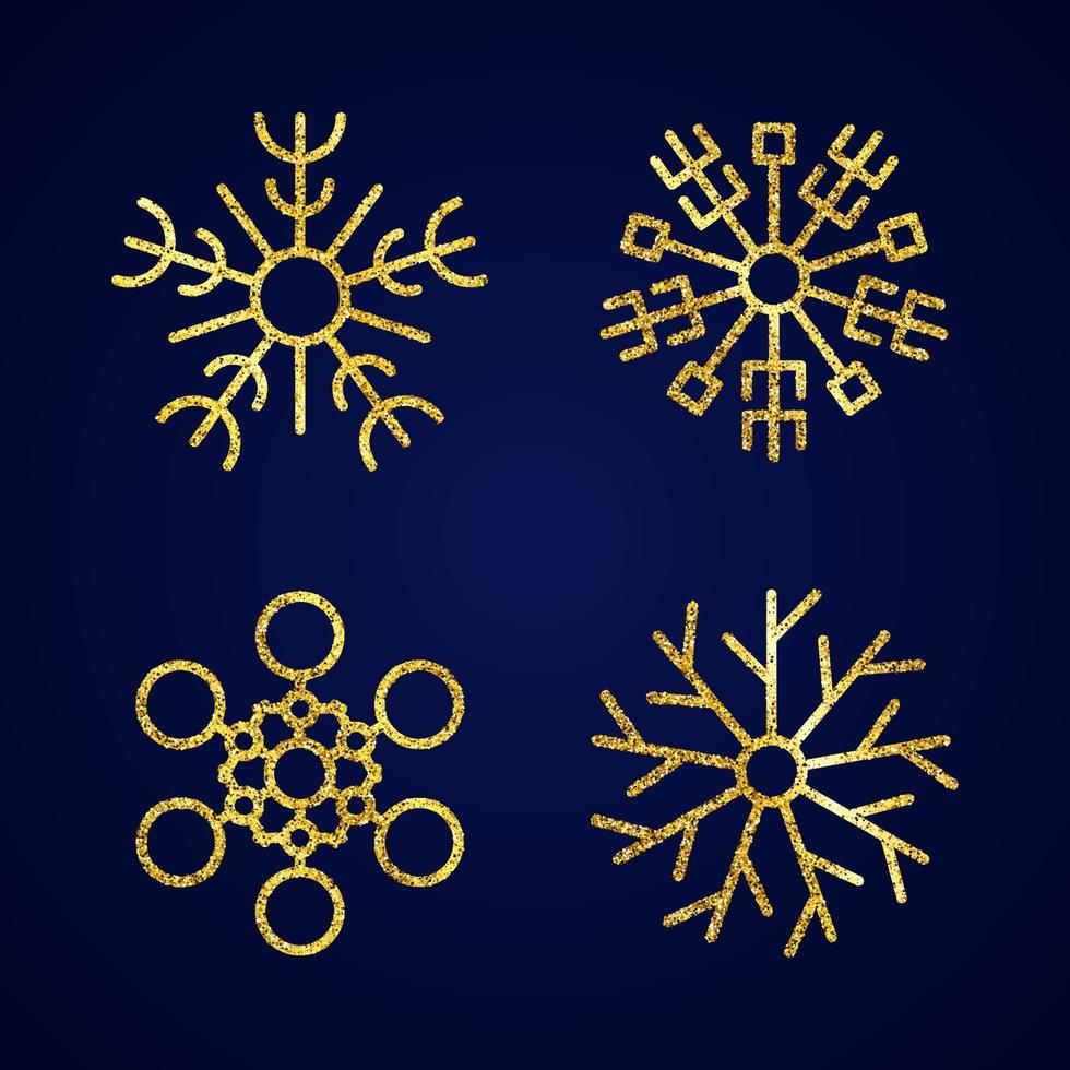 oro luccichio fiocchi di neve. impostato di quattro oro luccichio i fiocchi di neve su blu sfondo. Natale e nuovo anno decorazione elementi. vettore illustrazione.