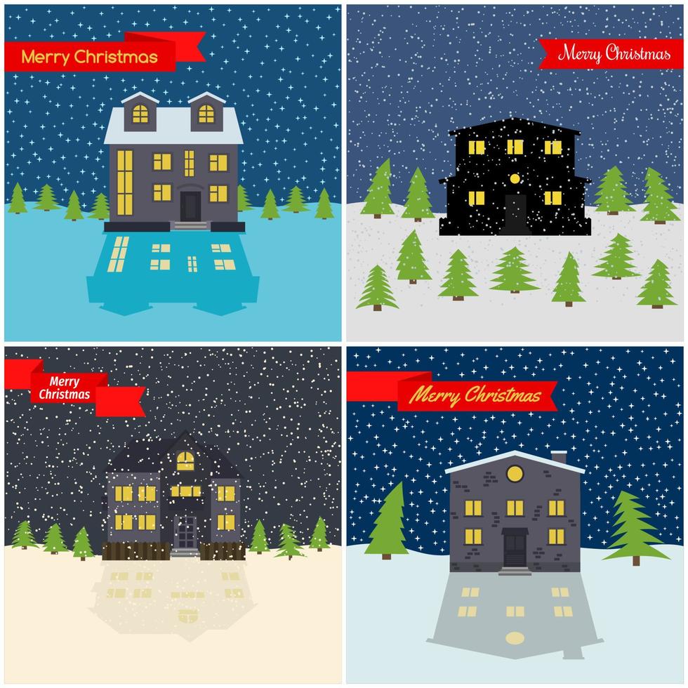 impostato di quattro vettore illustrazione con inverno notte, solitario case e un' rosso nastri con il iscrizione contento Natale.