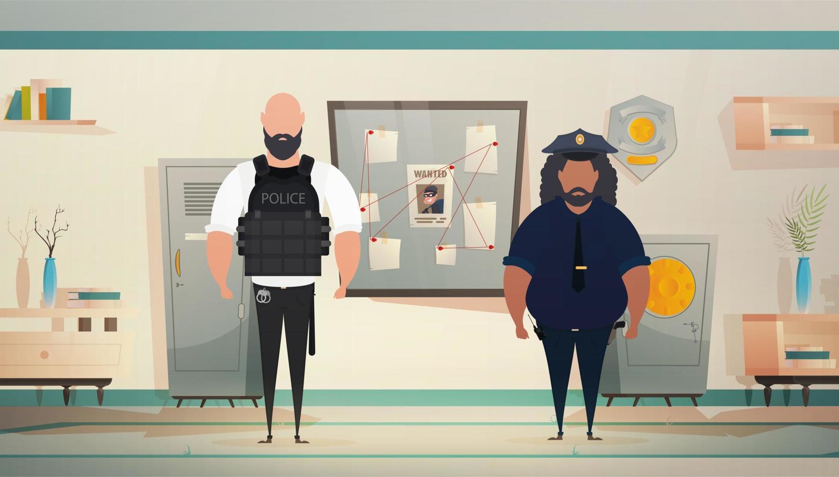 poliziotti o miliziani nel polizia stazione o Dipartimento, indagine ufficio camera interno, cartone animato vettore illustrazione.