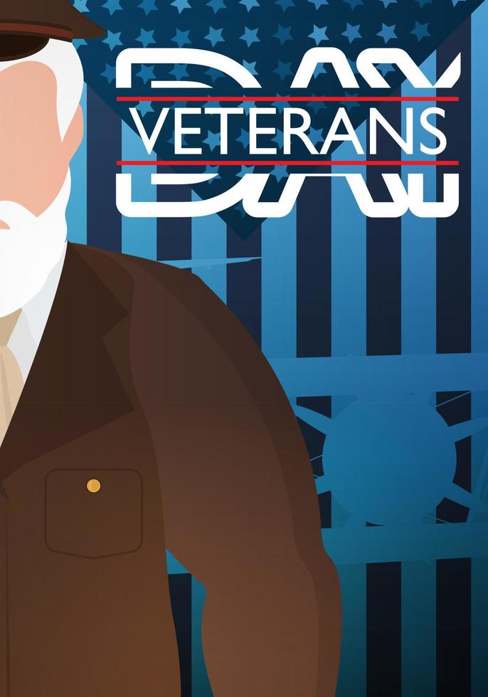 veterani giorno cartolina. un' veterano nel un' Marrone militare uniforme contro il sfondo di il bandiera. vettore
