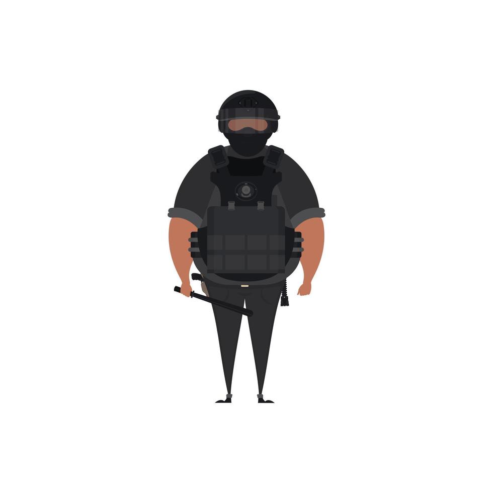 speciale legge rinforzo unità, uomo di specializzato tattico squadra, vestito nel esercito combattere uniforme e Tenere automatico arma da fuoco. cartone animato stile. vettore illustrazione