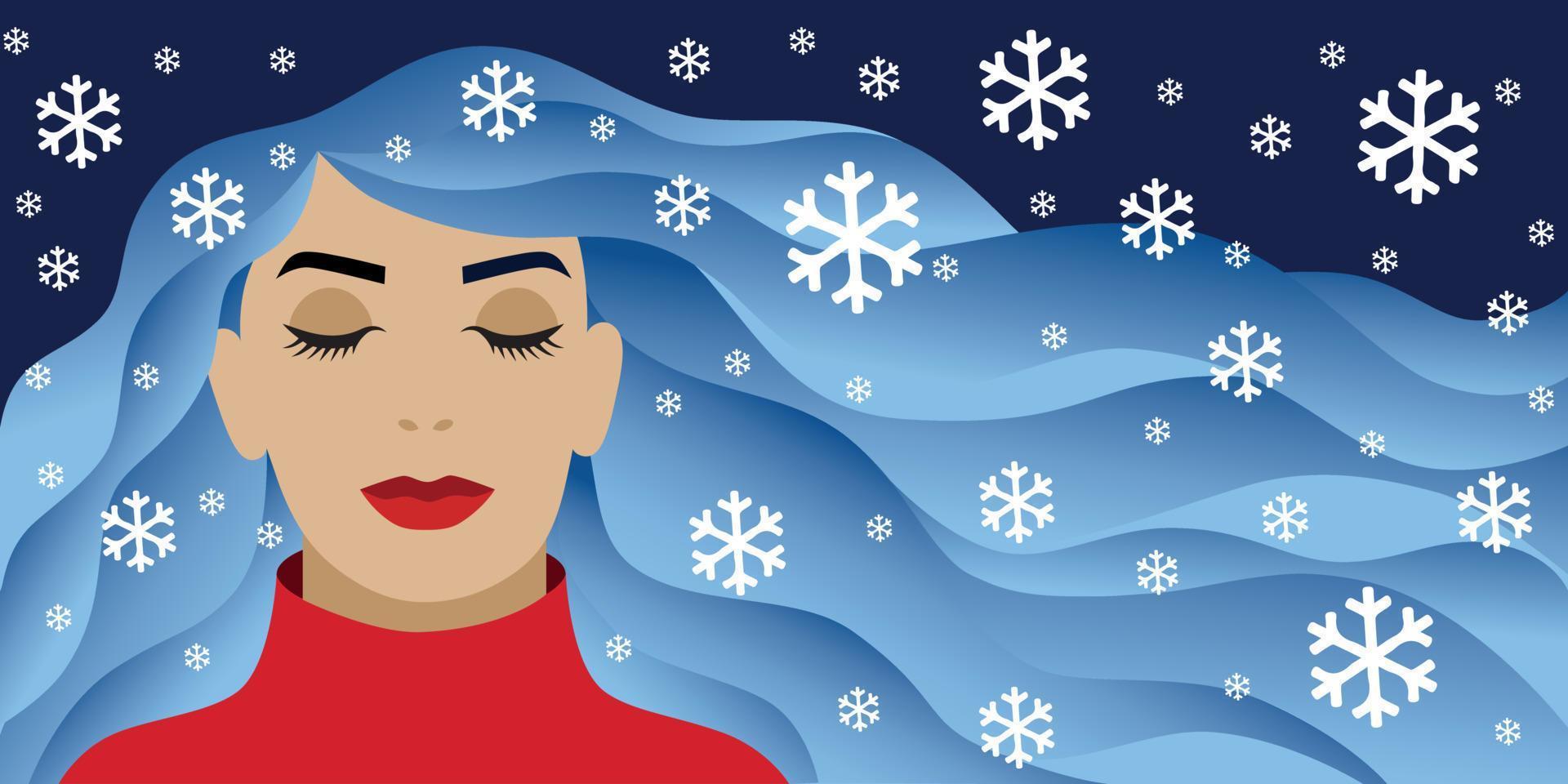 inverno sfondo. bellissimo donna con lungo blu ondulato capelli, chiuso occhi e fiocchi di neve. vettore