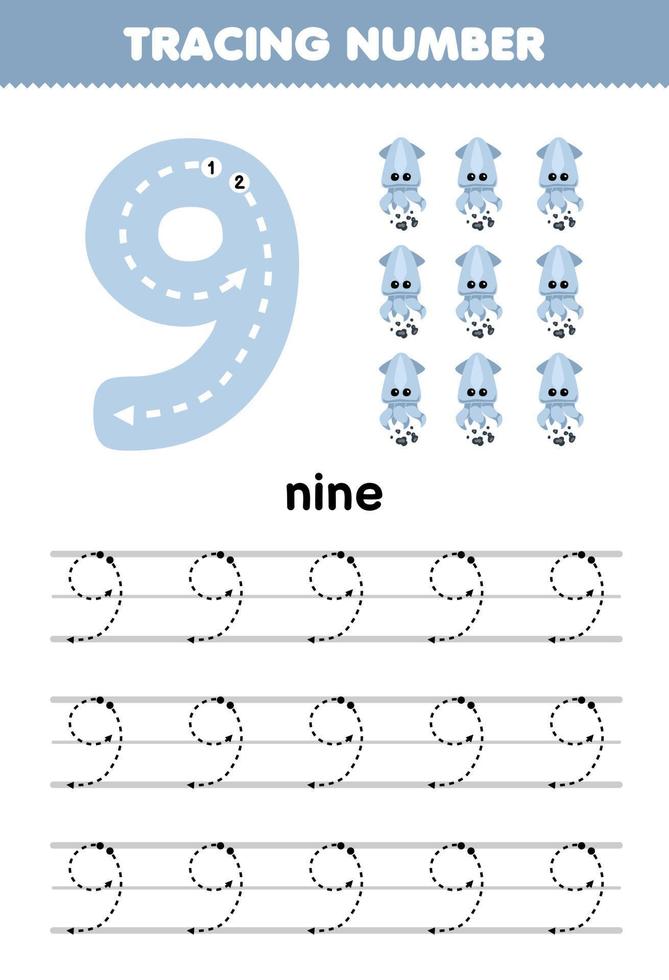 formazione scolastica gioco per bambini tracciato numero nove con carino cartone animato calamaro immagine stampabile subacqueo foglio di lavoro vettore