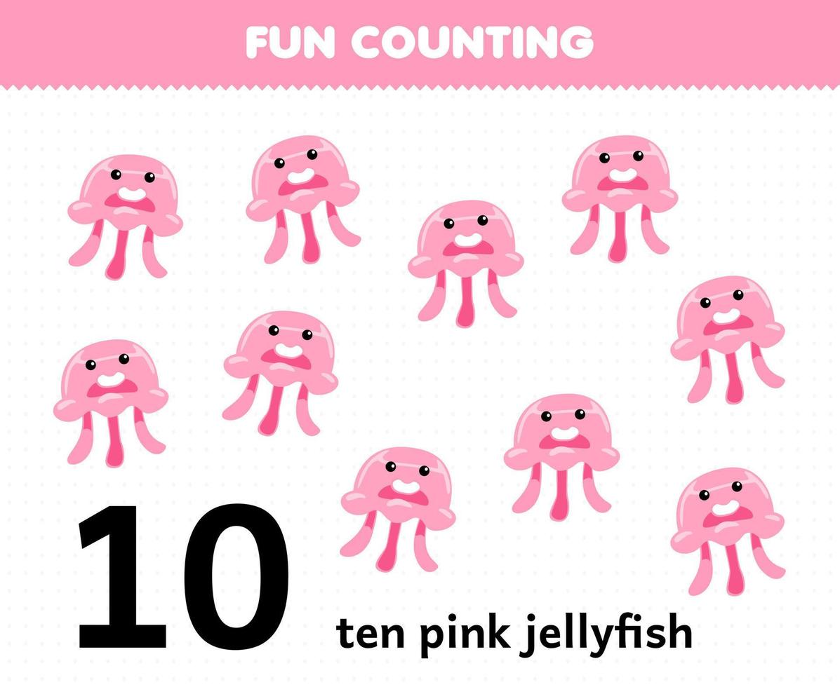 formazione scolastica gioco per bambini divertimento conteggio dieci rosa Medusa stampabile subacqueo foglio di lavoro vettore
