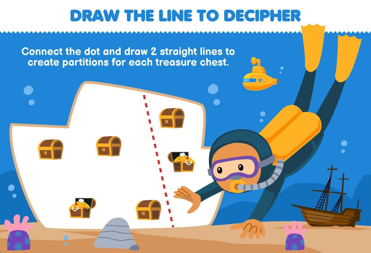 formazione scolastica gioco per bambini Aiuto tuffatore disegnare il Linee per separato ogni Tesoro il petto stampabile subacqueo foglio di lavoro vettore
