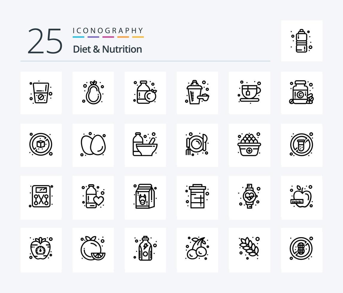 dieta e nutrizione 25 linea icona imballare Compreso droga. caffè. arancia. tè. proteina vettore