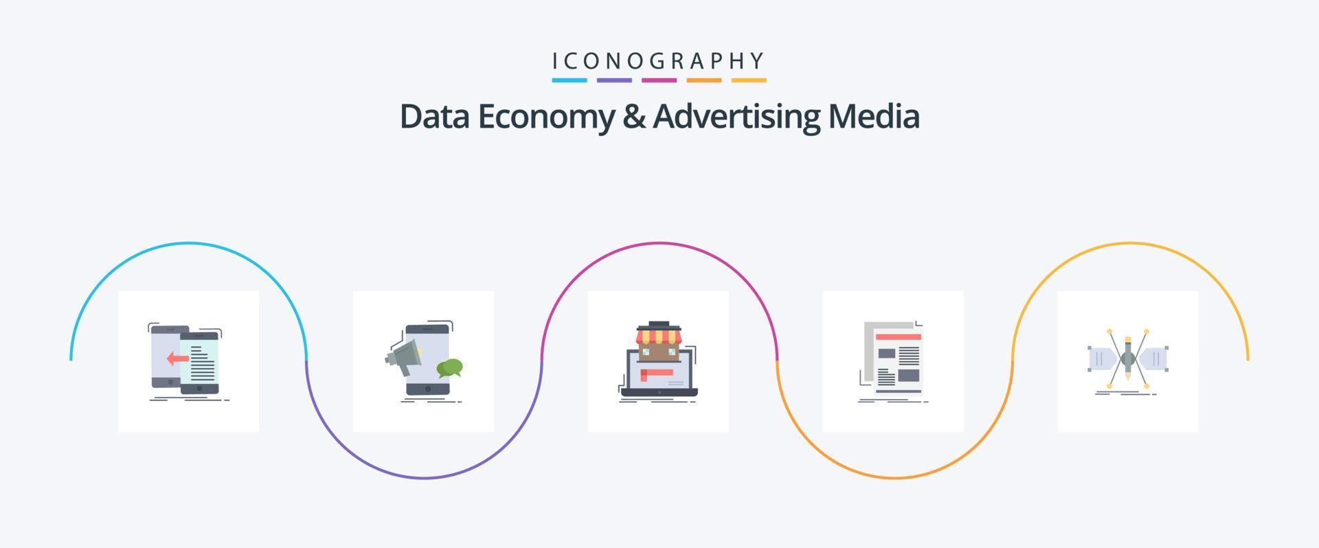 dati economia e pubblicità media piatto 5 icona imballare Compreso giornale. notizia. megafono. in linea mercato. organizzazione vettore