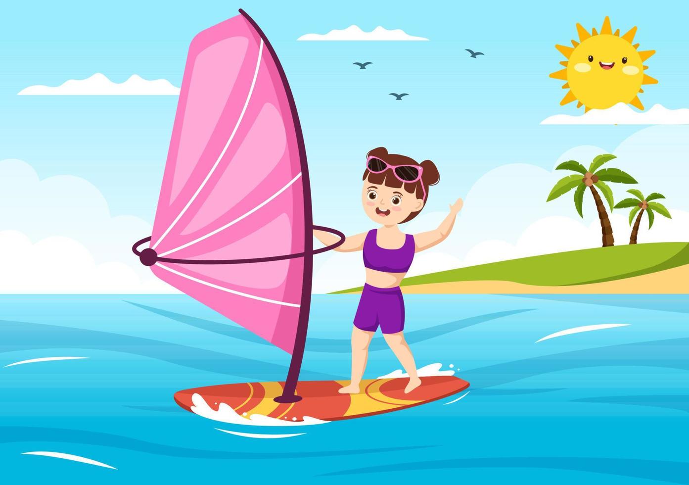 windsurf con bambini in piedi su il andare in barca barca e Tenere il vela nel estremo acqua sport piatto cartone animato mano disegnato modelli illustrazione vettore