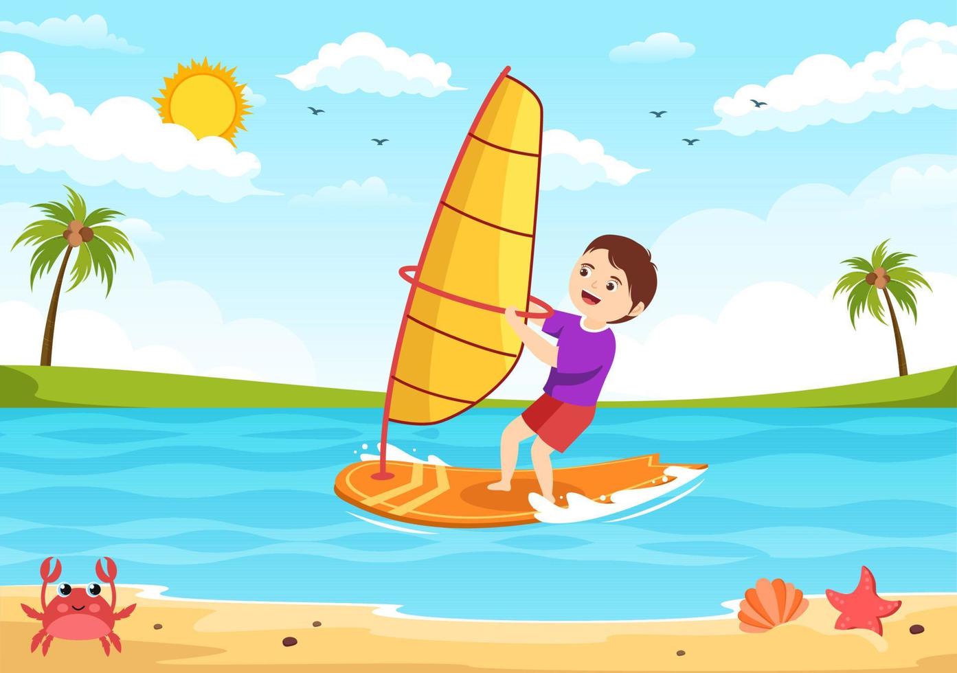 windsurf con bambini in piedi su il andare in barca barca e Tenere il vela nel estremo acqua sport piatto cartone animato mano disegnato modelli illustrazione vettore