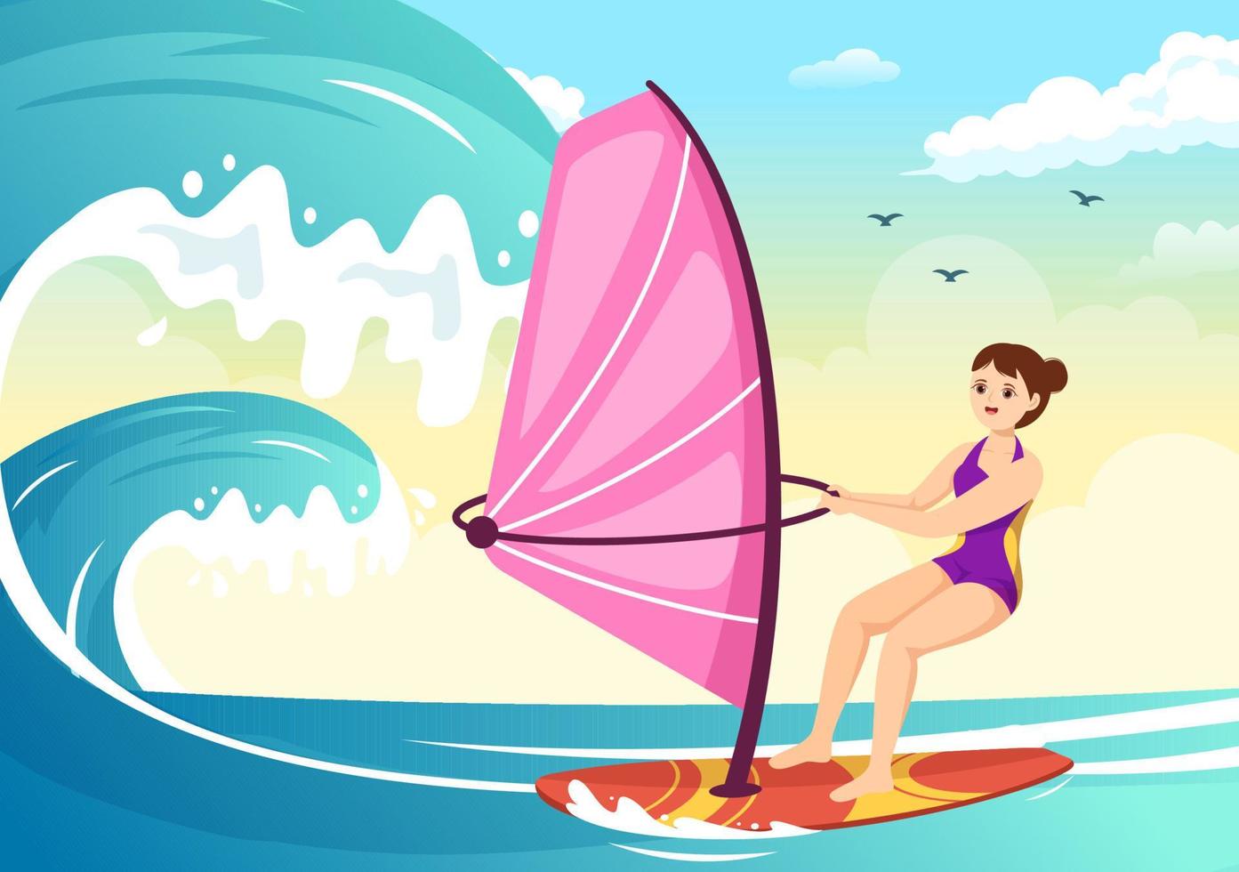 windsurf con il persona in piedi su il andare in barca barca e Tenere il vela nel estremo acqua sport piatto cartone animato mano disegnato modelli illustrazione vettore