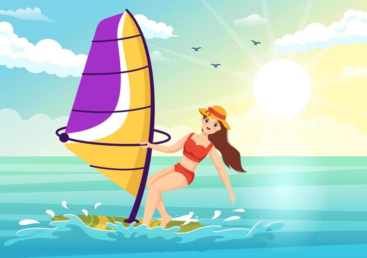 windsurf con il persona in piedi su il andare in barca barca e Tenere il vela nel estremo acqua sport piatto cartone animato mano disegnato modelli illustrazione vettore