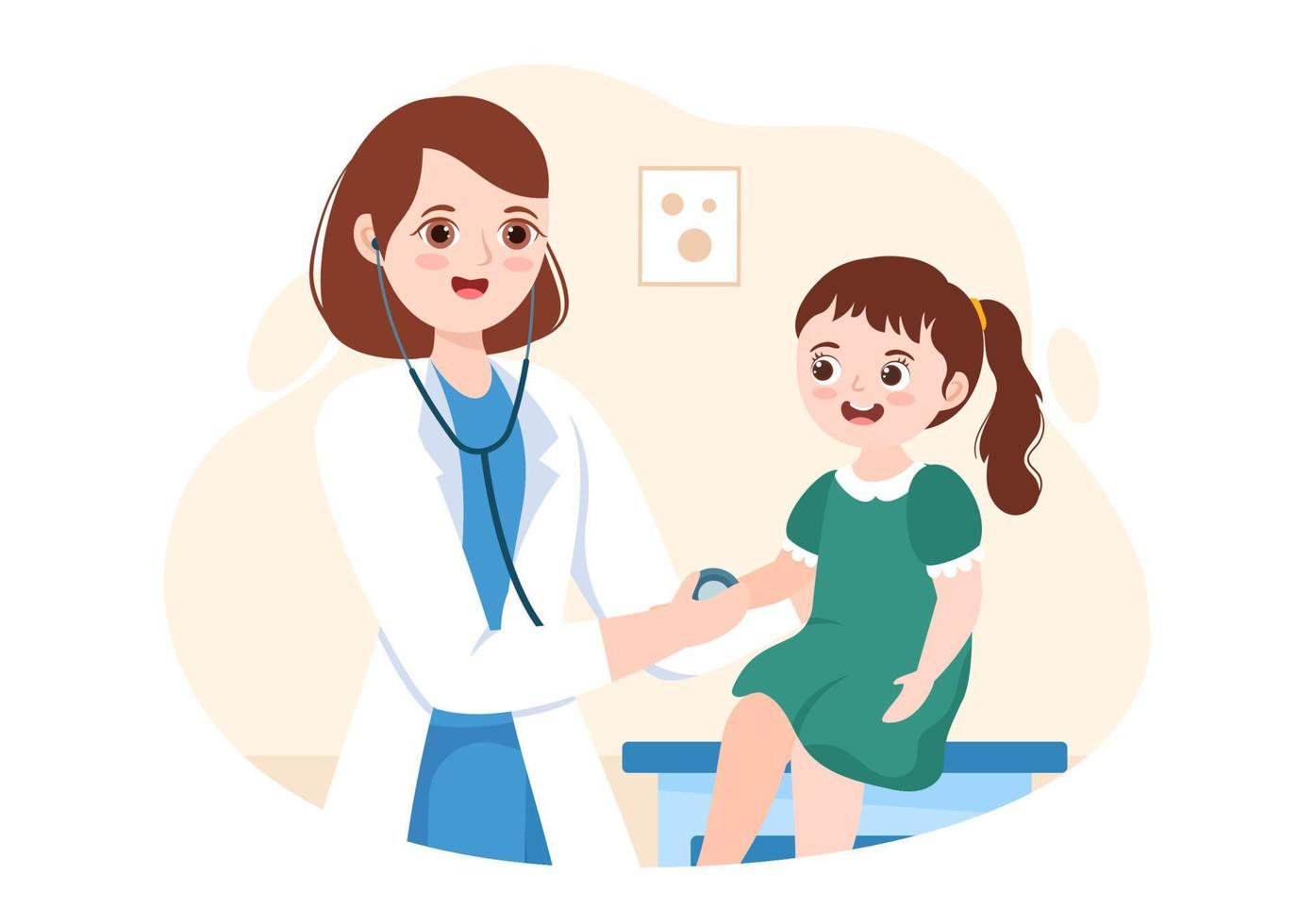 pediatra esamina malato bambini e bambino per medico sviluppo, vaccinazione e trattamento nel piatto cartone animato mano disegnato modelli illustrazione vettore