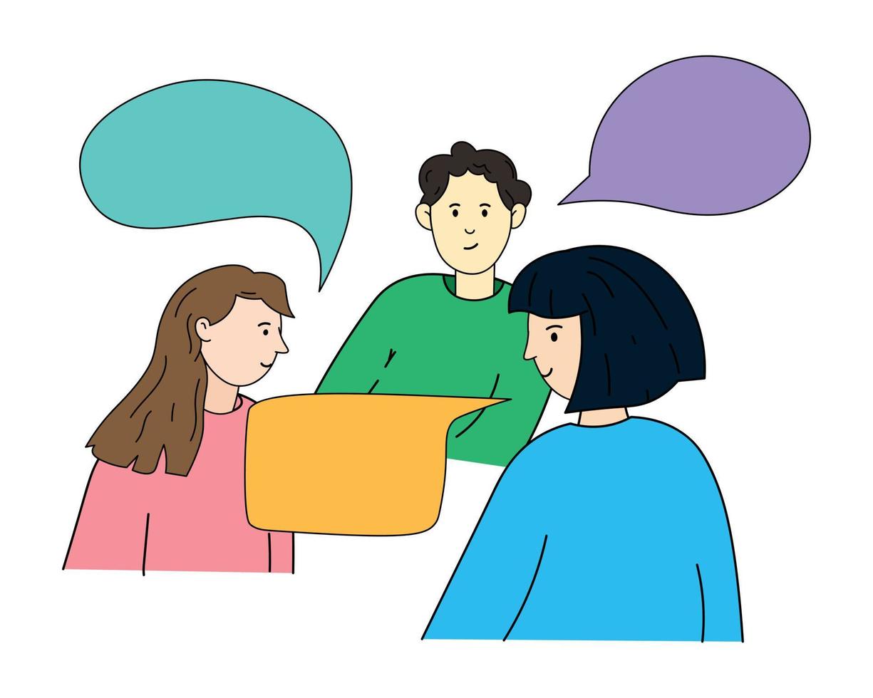 concetto illustrazione di collaborazione conversazione squadra. illustrazione di discussione di il di squadra Comune problema, ricerca per un' soluzione per il problema. discussione, conversazione con discorso bolle vettore