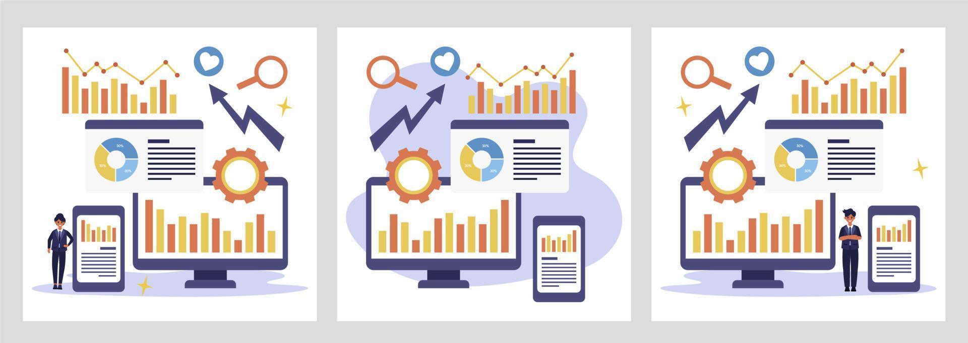 digitale marketing strategia squadra. soddisfare gestore. piatto cartone animato personaggio grafico design. atterraggio pagina modello bandiera aviatore manifesto ragnatela pagina vettore