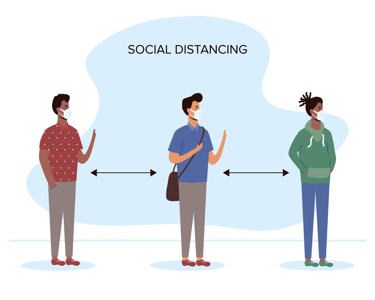 persone diverse distanziarsi socialmente con maschere facciali vettore