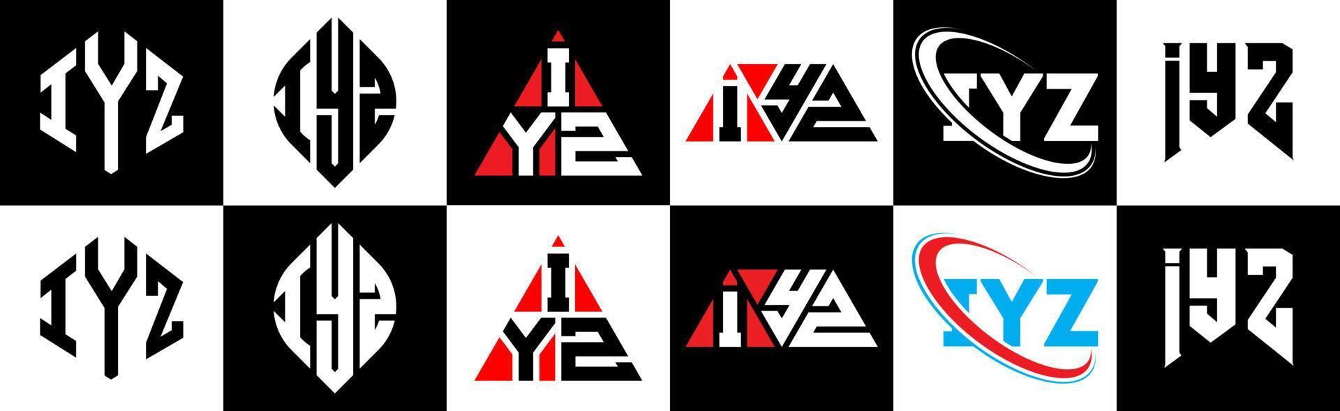 iyz lettera logo design nel sei stile. iyz poligono, cerchio, triangolo, esagono, piatto e semplice stile con nero e bianca colore variazione lettera logo impostato nel uno tavola da disegno. iyz minimalista e classico logo vettore