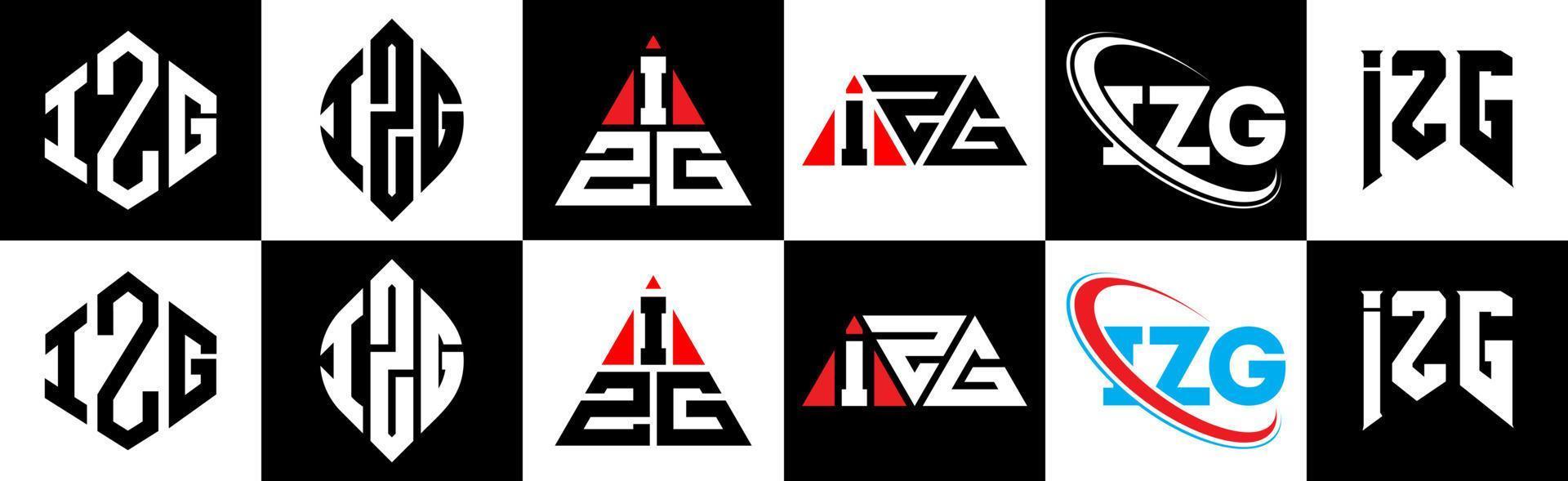 izg lettera logo design nel sei stile. izg poligono, cerchio, triangolo, esagono, piatto e semplice stile con nero e bianca colore variazione lettera logo impostato nel uno tavola da disegno. izg minimalista e classico logo vettore