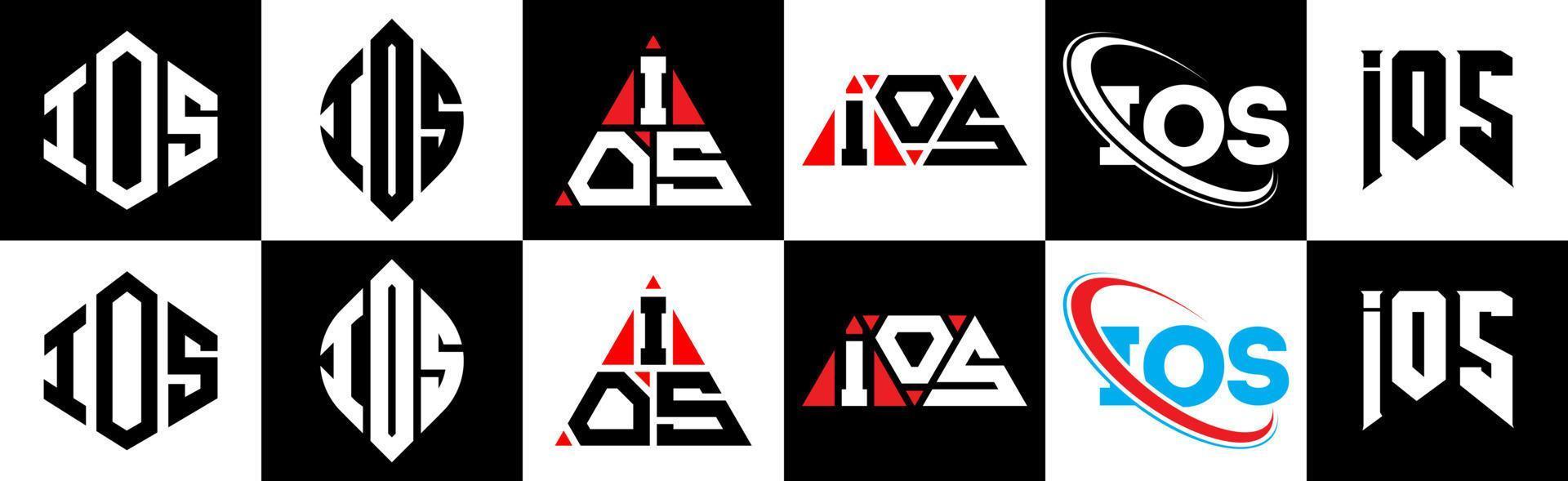 ios lettera logo design nel sei stile. ios poligono, cerchio, triangolo, esagono, piatto e semplice stile con nero e bianca colore variazione lettera logo impostato nel uno tavola da disegno. ios minimalista e classico logo vettore