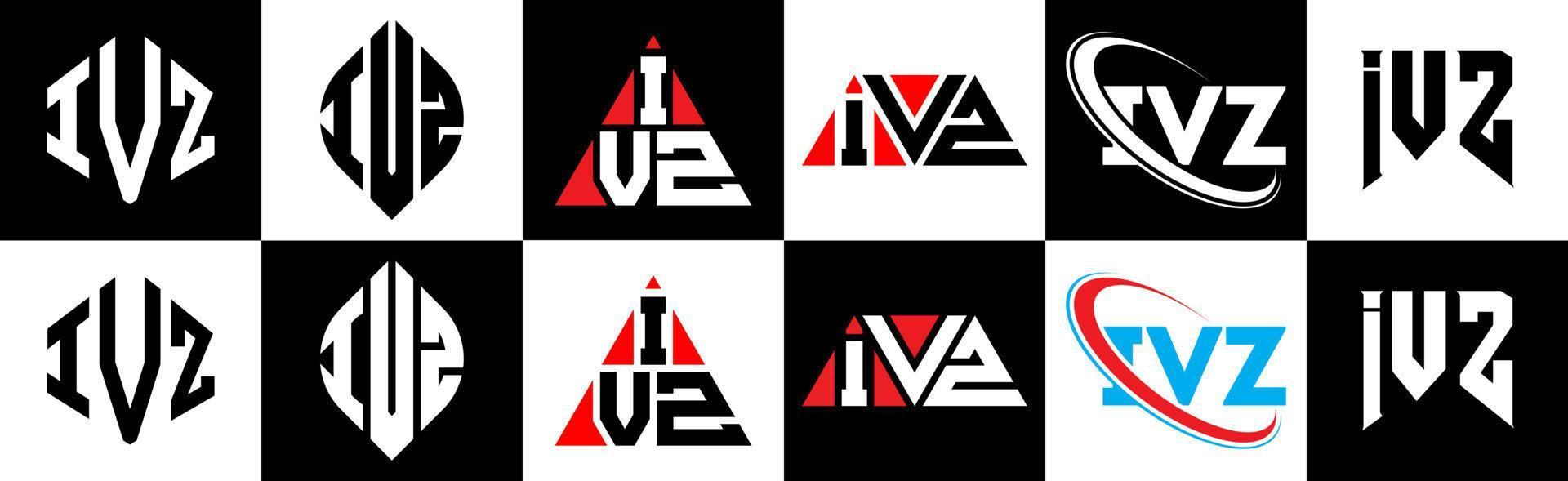 ivz lettera logo design nel sei stile. ivz poligono, cerchio, triangolo, esagono, piatto e semplice stile con nero e bianca colore variazione lettera logo impostato nel uno tavola da disegno. ivz minimalista e classico logo vettore