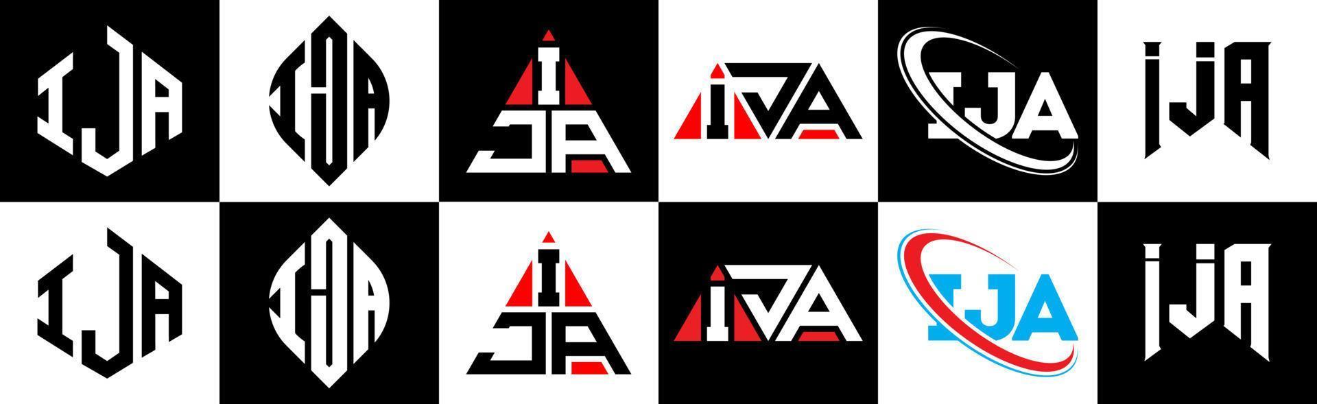 ija lettera logo design nel sei stile. ija poligono, cerchio, triangolo, esagono, piatto e semplice stile con nero e bianca colore variazione lettera logo impostato nel uno tavola da disegno. ija minimalista e classico logo vettore