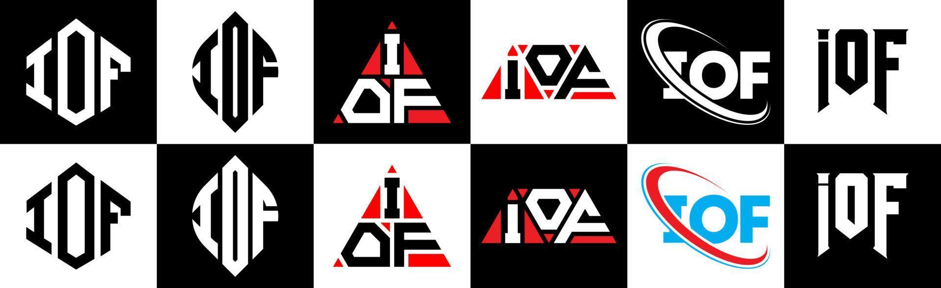 iof lettera logo design nel sei stile. iof poligono, cerchio, triangolo, esagono, piatto e semplice stile con nero e bianca colore variazione lettera logo impostato nel uno tavola da disegno. iof minimalista e classico logo vettore