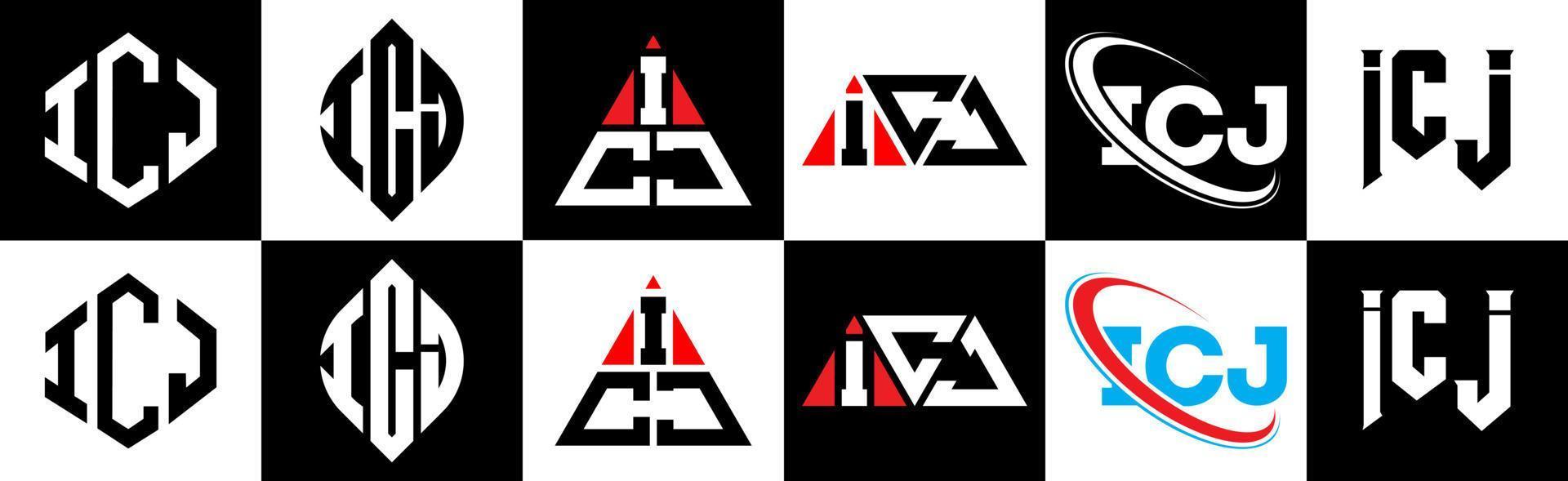 icj lettera logo design nel sei stile. icj poligono, cerchio, triangolo, esagono, piatto e semplice stile con nero e bianca colore variazione lettera logo impostato nel uno tavola da disegno. icj minimalista e classico logo vettore