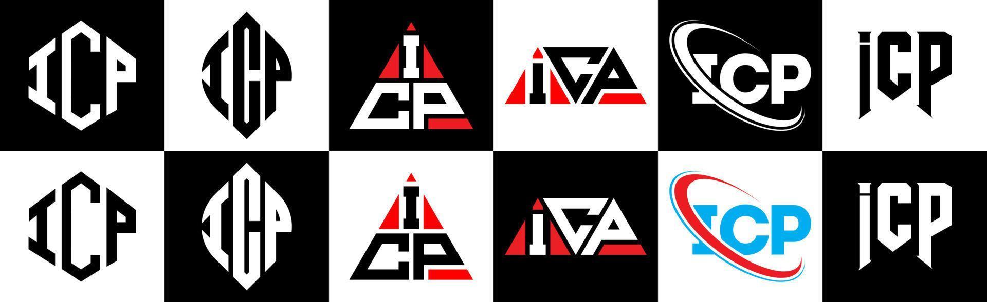 icp lettera logo design nel sei stile. icp poligono, cerchio, triangolo, esagono, piatto e semplice stile con nero e bianca colore variazione lettera logo impostato nel uno tavola da disegno. icp minimalista e classico logo vettore