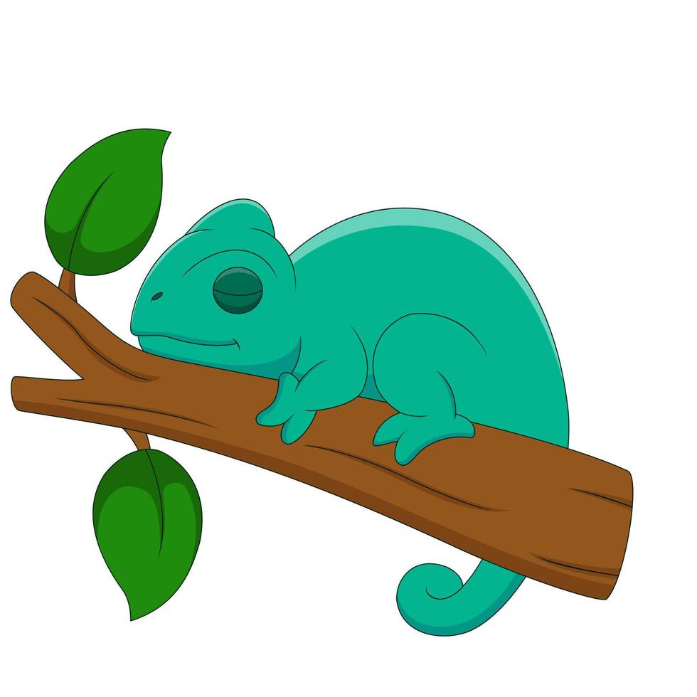 carino cartone animato camaleonte addormentato su un' ramo. carino animale cartone animato vettore