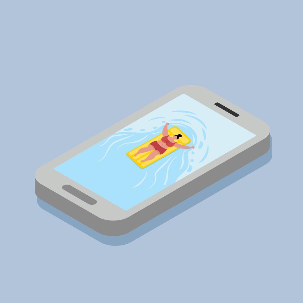 donna che nuota sul telefono cellulare vettore