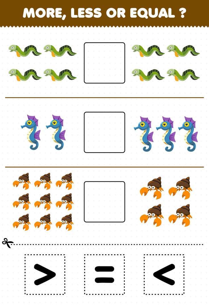 formazione scolastica gioco per bambini contare Di Più Di meno o pari di cartone animato Anguilla cavalluccio marino eremita Granchio poi tagliare e colla il corretta cartello subacqueo foglio di lavoro vettore