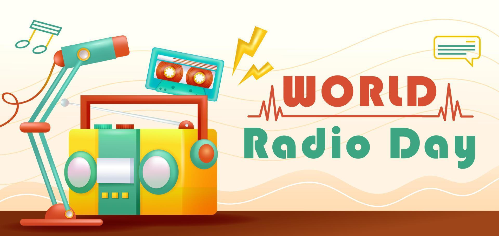 mondo Radio giorno. 3d illustrazione di Radio, cassetta e Podcast microfono vettore