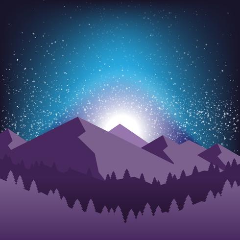 Cielo notturno stellato e silhouette dell'illustrazione di montagna vettore