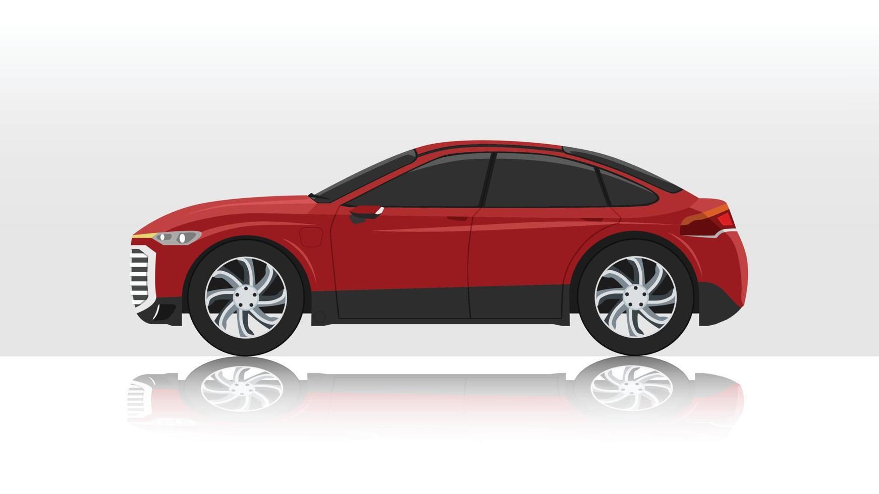 concetto vettore illustrazione di dettagliato lato di un' piatto rosso macchina. con ombra di auto su riflessa a partire dal il terra sotto. e isolato bianca sfondo.