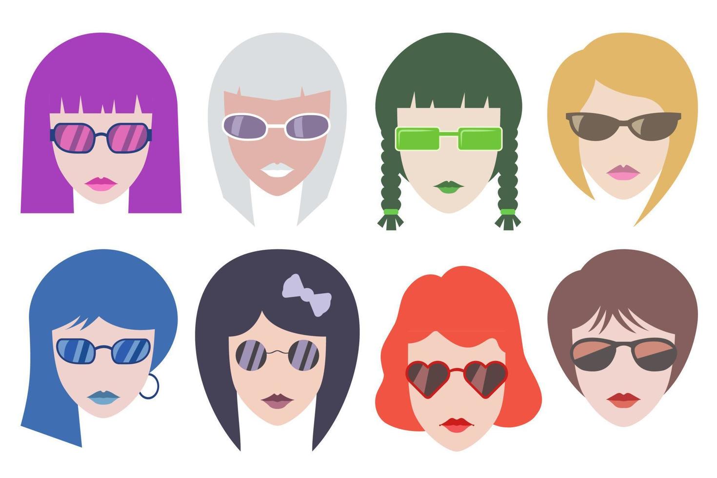 ragazze nel occhiali da sole. fricchettone ragazze con colorato capelli e occhiali. per avatar, logo, icona, ragnatela, Stampa, media e Altro. vettore