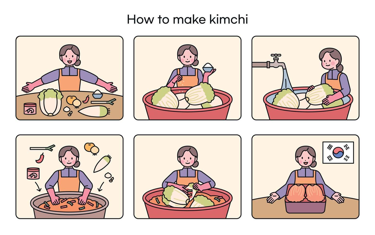 coreano tradizionale cibo. il ordine ricetta per fabbricazione kimchi. un' donna spiega Come per rendere kimchi. vettore
