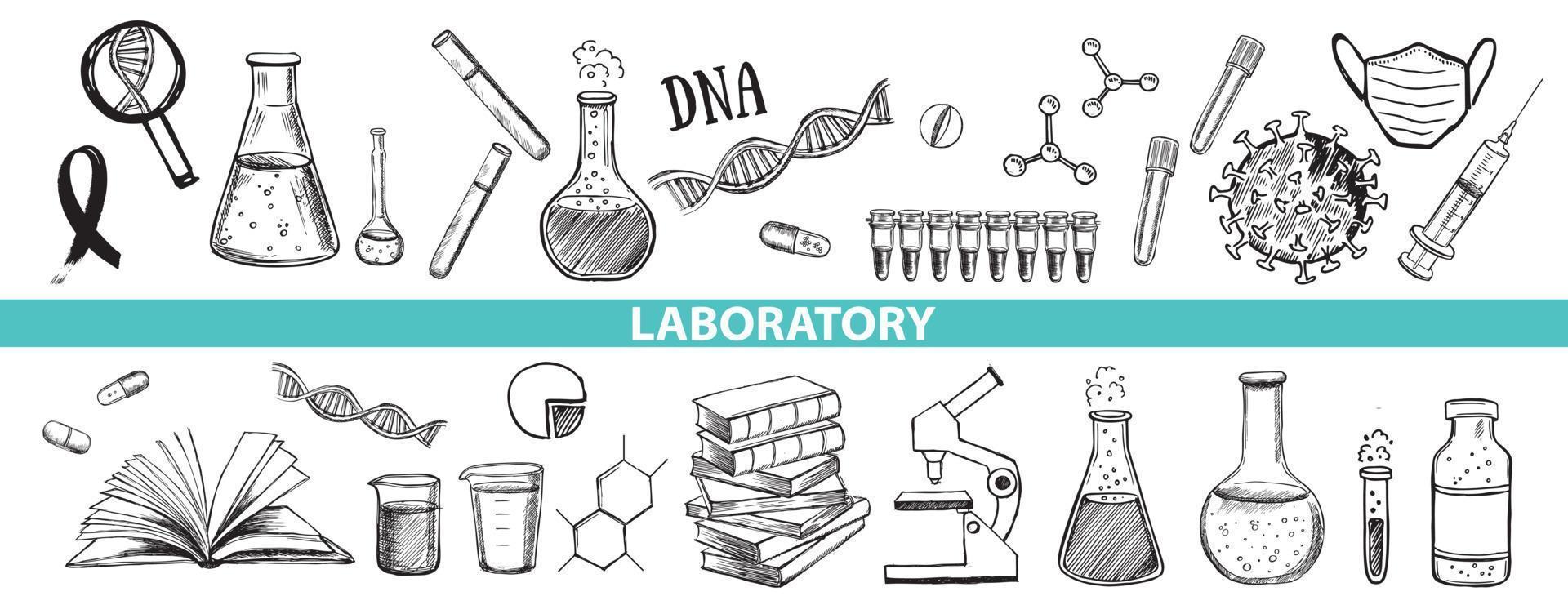 laboratorio ricerca vettore mano disegnato icone impostare. coronavirus, dna, sangue test.